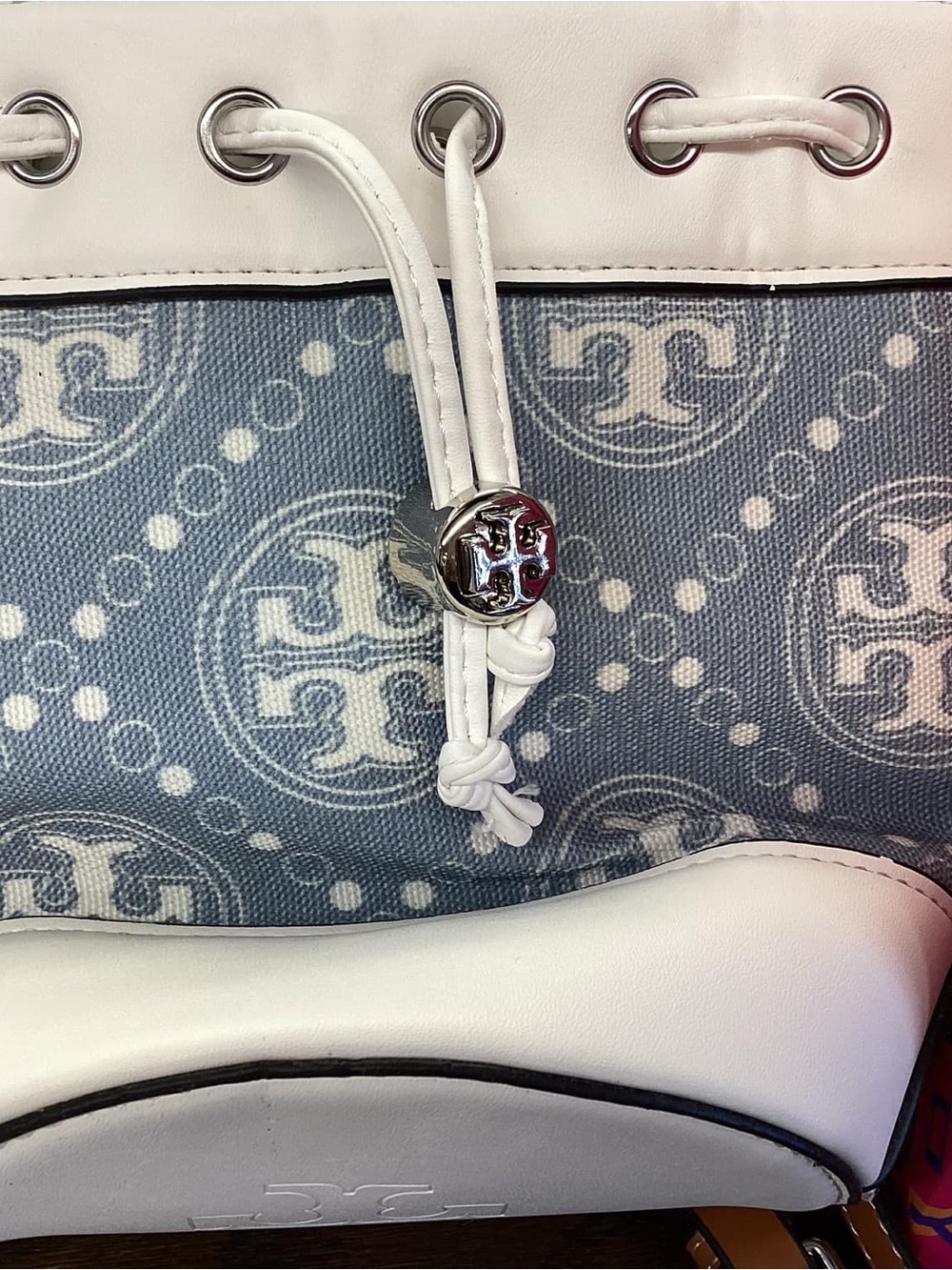 Tory Burch White and Light Blue Logo Canvas Drawstring Tote